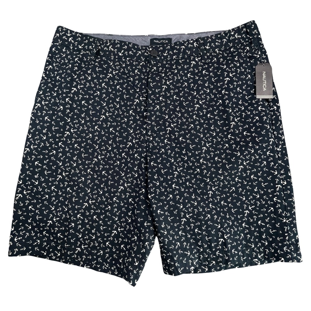 Nautica Mens 36 Classic Fit Anchor Print Deck Shorts Navy Blue Flat Front NWT